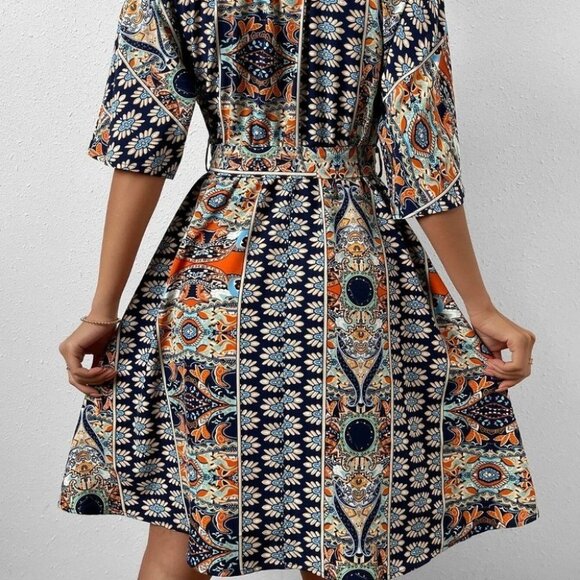 allover Print Asymmetrical Neck Belted Dress - Picture 2 of 5